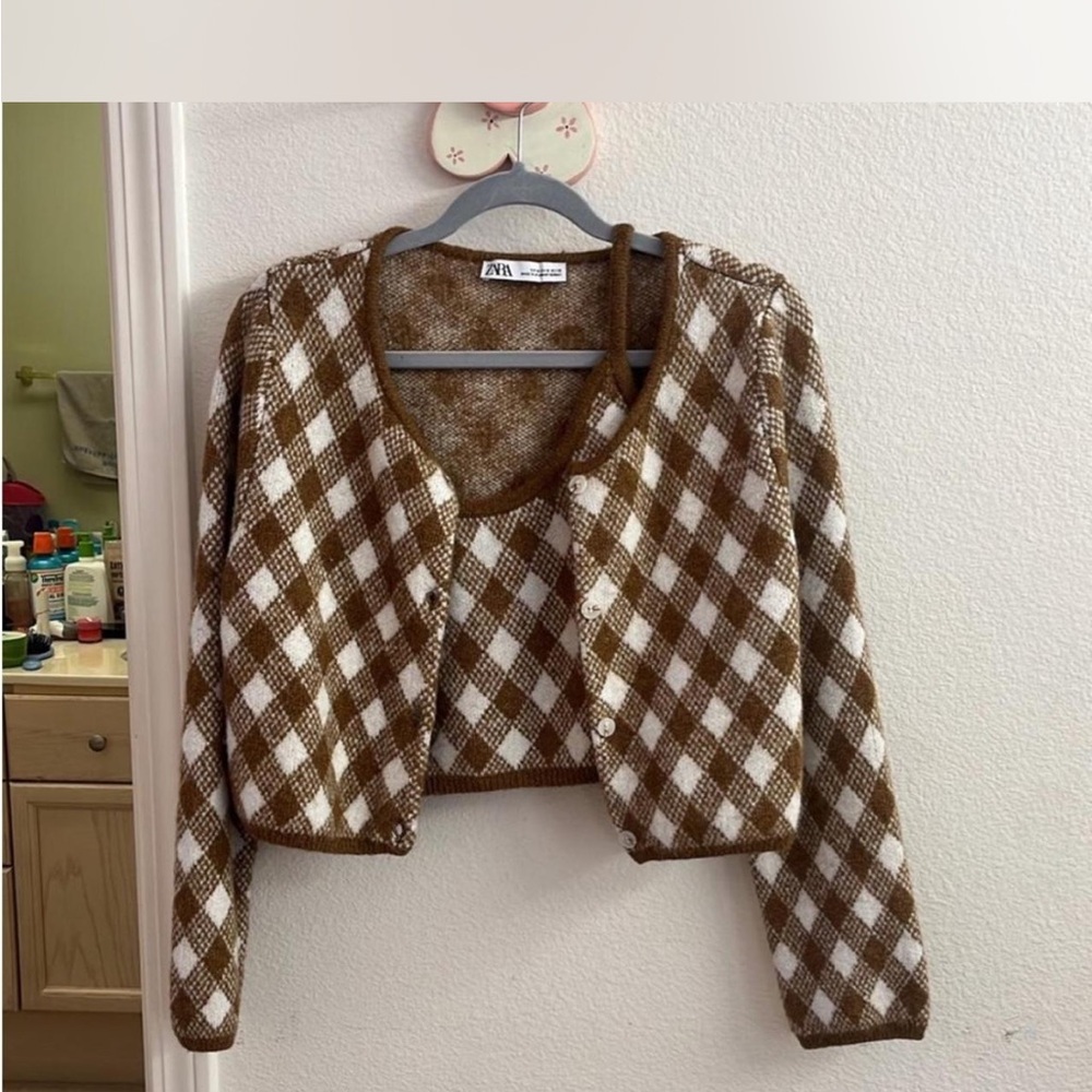 Zara Brown and White Checkered Cardigan and Tank